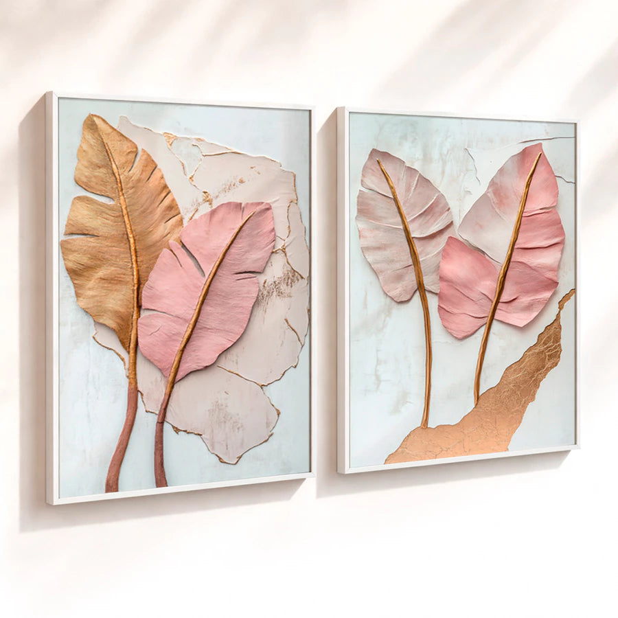 Kit 2 Quadros Decorativos com Moldura Folhas Rosé Gold Textura Elegante Luxo NOXHome