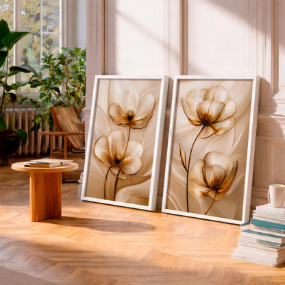 Kit 2 Quadros Decorativos com Moldura Flores Douradas Elegantes Luxo Floral Bege NOXHome