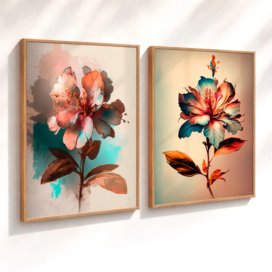 Kit 2 Quadros Decorativos com Moldura Flor Colorida Arte Moderna Tons Pastel NOXHome