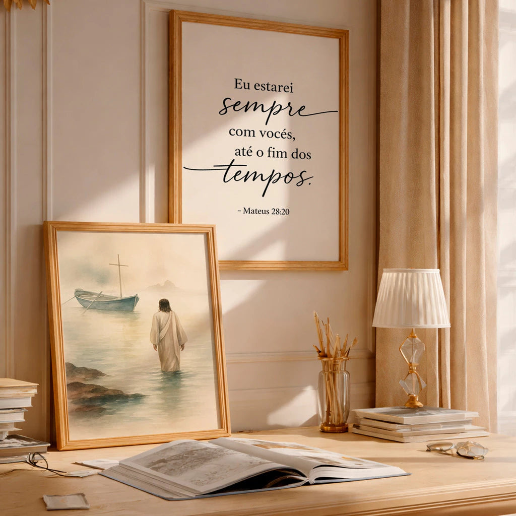 Kit 2 Quadros Decorativos com Moldura Jesus Barco Versículo Bíblico Mateus Religioso Fé NOXHome