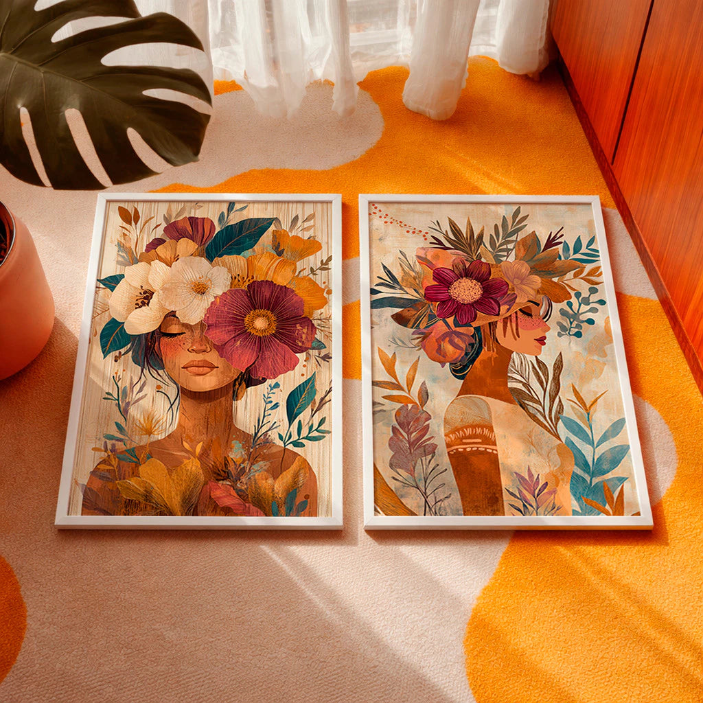 Kit 2 Quadros Decorativos com Moldura Mulher Flores Arte Boho Tons Terrosos NOXHome