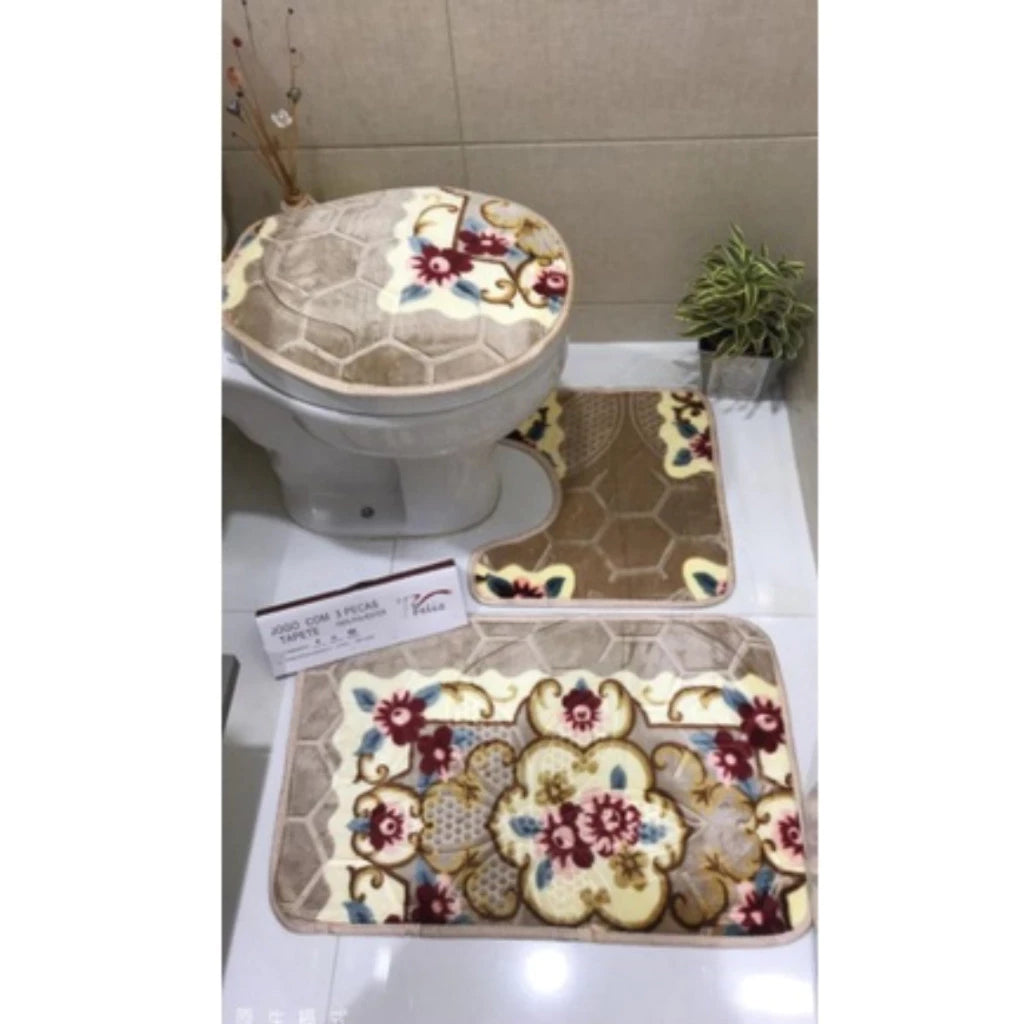 Jogo de Tapete para Banheiro Floral NOXHome | Antiderrapante 100% – Kit 3 Peças