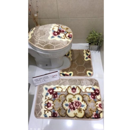 Jogo de Tapete para Banheiro Floral NOXHome | Antiderrapante 100% – Kit 3 Peças