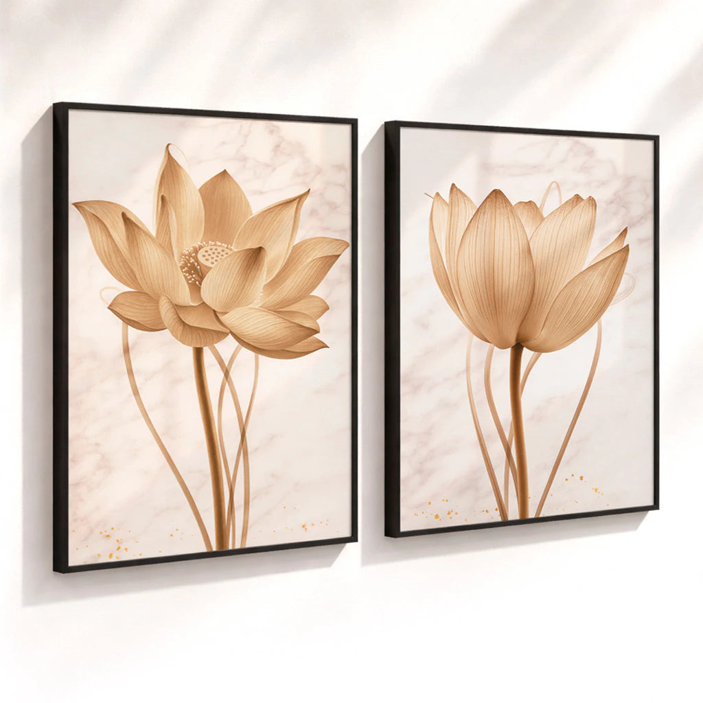 Kit 2 Quadros Decorativos Flor de Lótus Bege Minimalista NOXHome