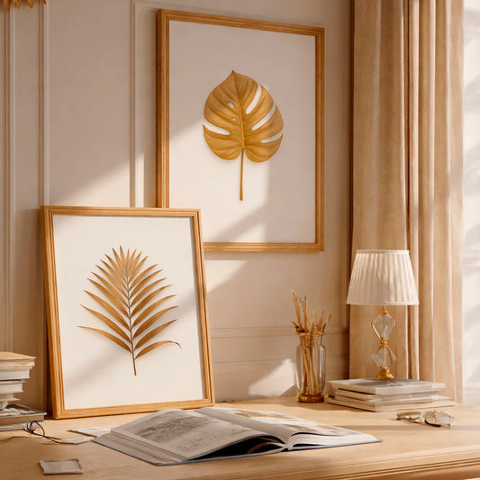 Kit 2 Quadros Decorativos com Moldura Folhas Douradas Minimalista Luxo NOXHome