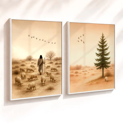 Kit 2 Quadros Decorativos com Moldura Jesus Pastor Ovelhas Paisagem Religioso Fé NOXHome