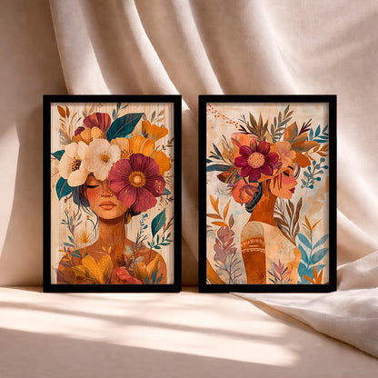 Kit 2 Quadros Decorativos com Moldura Mulher Flores Arte Boho Tons Terrosos NOXHome