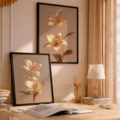 Kit 2 Quadros Decorativos com Moldura Flores Douradas 3D Elegante Luxo Bege NOXHome