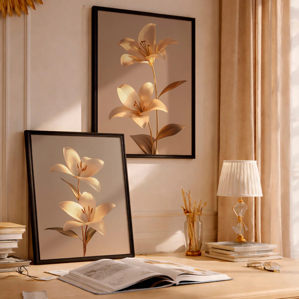 Kit 2 Quadros Decorativos com Moldura Flores Douradas 3D Elegante Luxo NOXHome