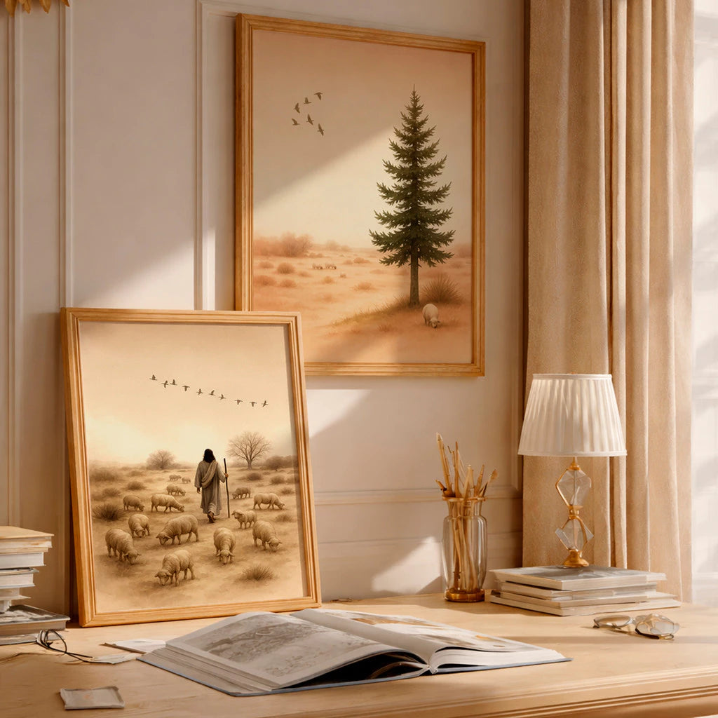 Kit 2 Quadros Decorativos com Moldura Jesus Pastor Ovelhas Paisagem Religioso Fé NOXHome