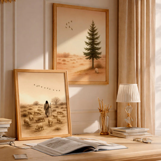 Kit 2 Quadros Decorativos com Moldura Jesus Pastor Ovelhas Paisagem Religioso Fé NOXHome