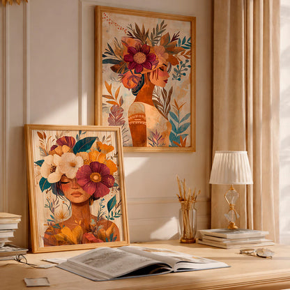 Kit 2 Quadros Decorativos com Moldura Mulher Flores Arte Boho Tons Terrosos NOXHome