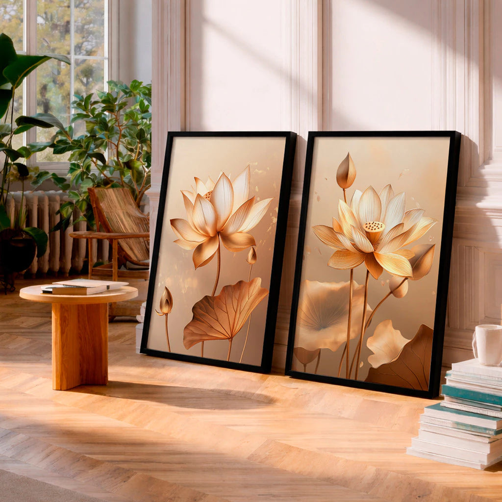 Kit 2 Quadros Decorativos com Moldura Flor de Lótus Dourada Arte Zen Elegante NOXHome