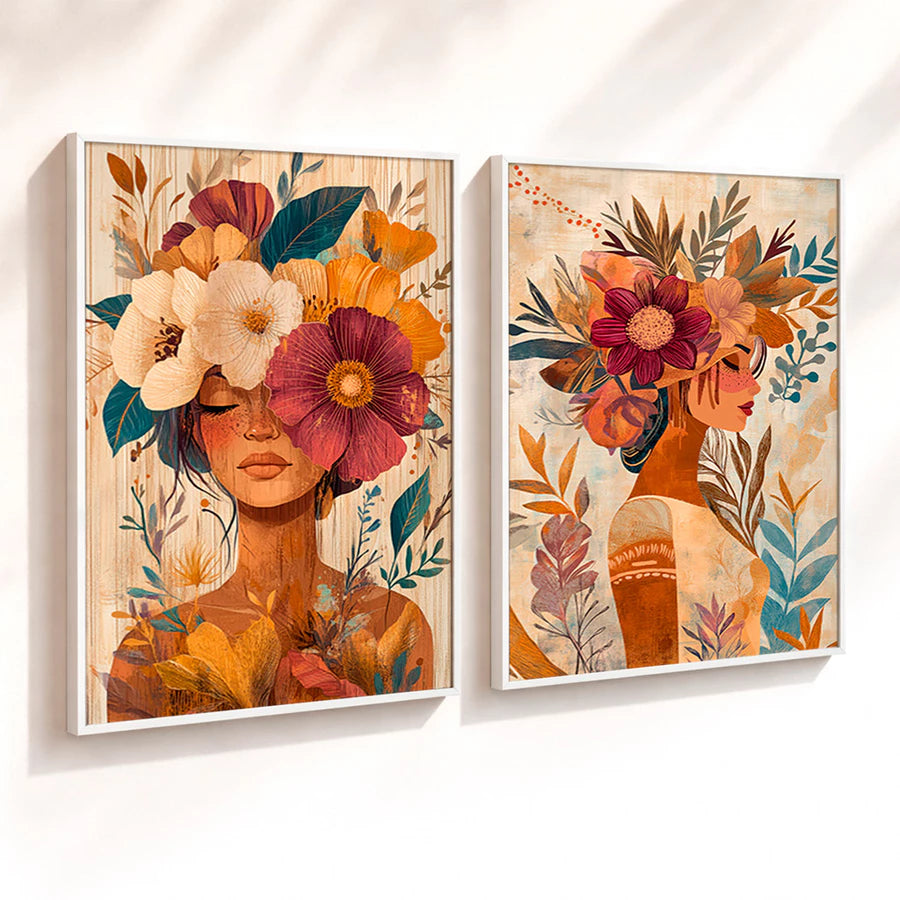 Kit 2 Quadros Decorativos com Moldura Mulher Flores Arte Boho Tons Terrosos NOXHome