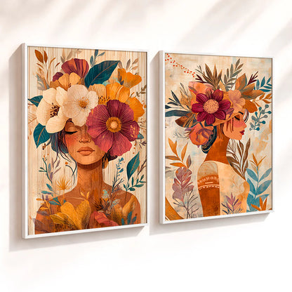 Kit 2 Quadros Decorativos com Moldura Mulher Flores Arte Boho Tons Terrosos NOXHome