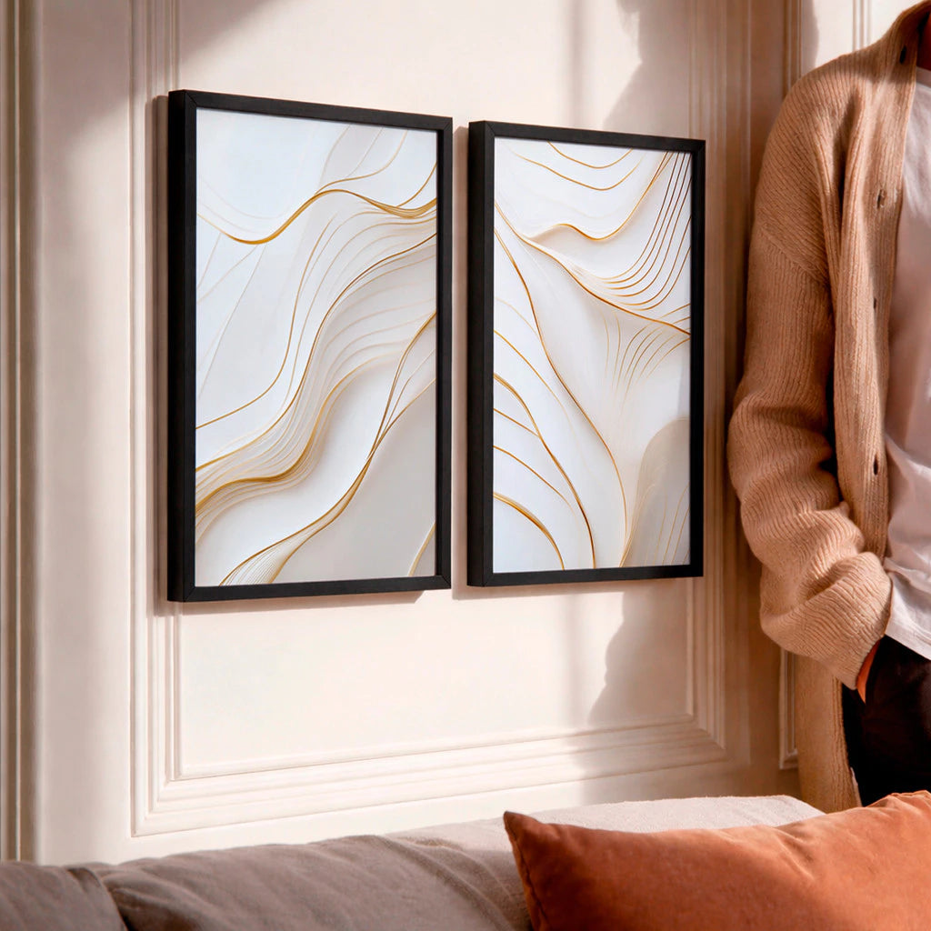 Kit 2 Quadros Decorativos com Moldura Linhas Douradas Abstrato Branco Luxo Minimalista NOXHome