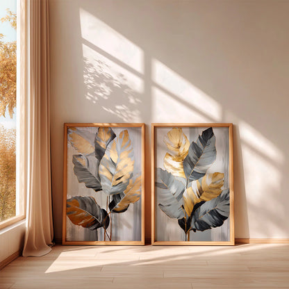 Kit 2 Quadros Decorativos com Moldura Folhas Cinza Dourado Tropical Moderno NOXHome
