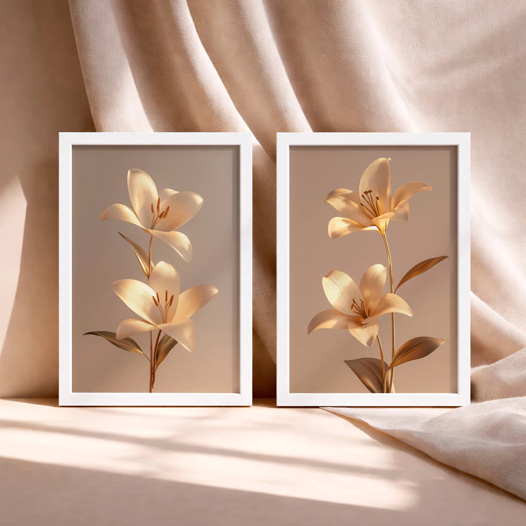Kit 2 Quadros Decorativos com Moldura Flores Douradas 3D Elegante Luxo Bege NOXHome
