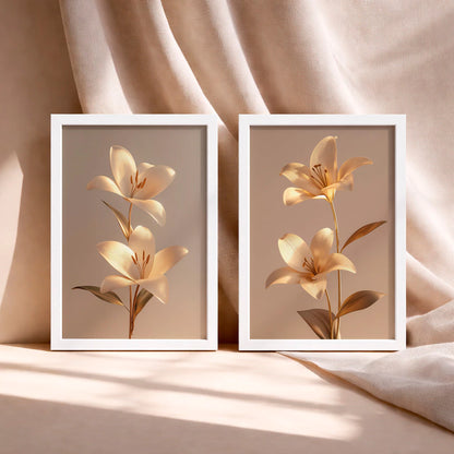 Kit 2 Quadros Decorativos com Moldura Flores Douradas 3D Elegante Luxo Bege NOXHome