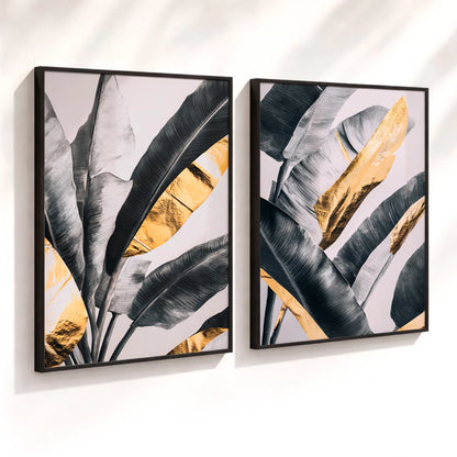 Kit 2 Quadros Decorativos com Moldura Folhas Tropicais Preto Dourado Luxo NOXHome