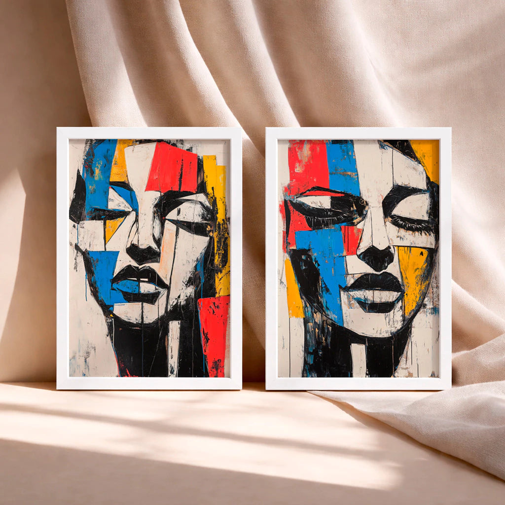 Kit 2 Quadros Decorativos com Moldura Rosto Abstrato Colorido Moderno NOXHome