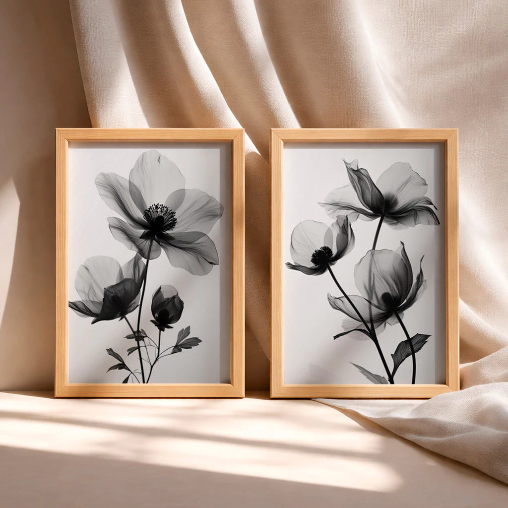 Kit 2 Quadros Decorativos com Moldura Flores Preto e Branco Floral Minimalista NOXHome