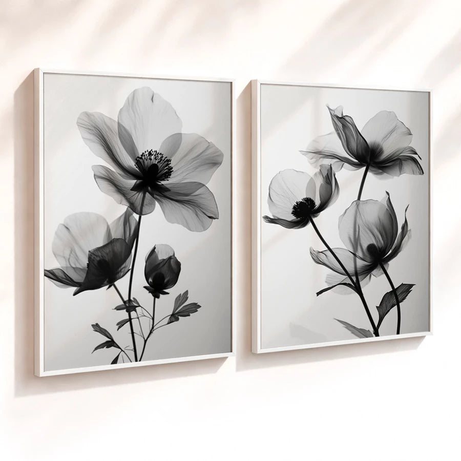 Kit 2 Quadros Decorativos com Moldura Flores Preto e Branco Floral Minimalista NOXHome