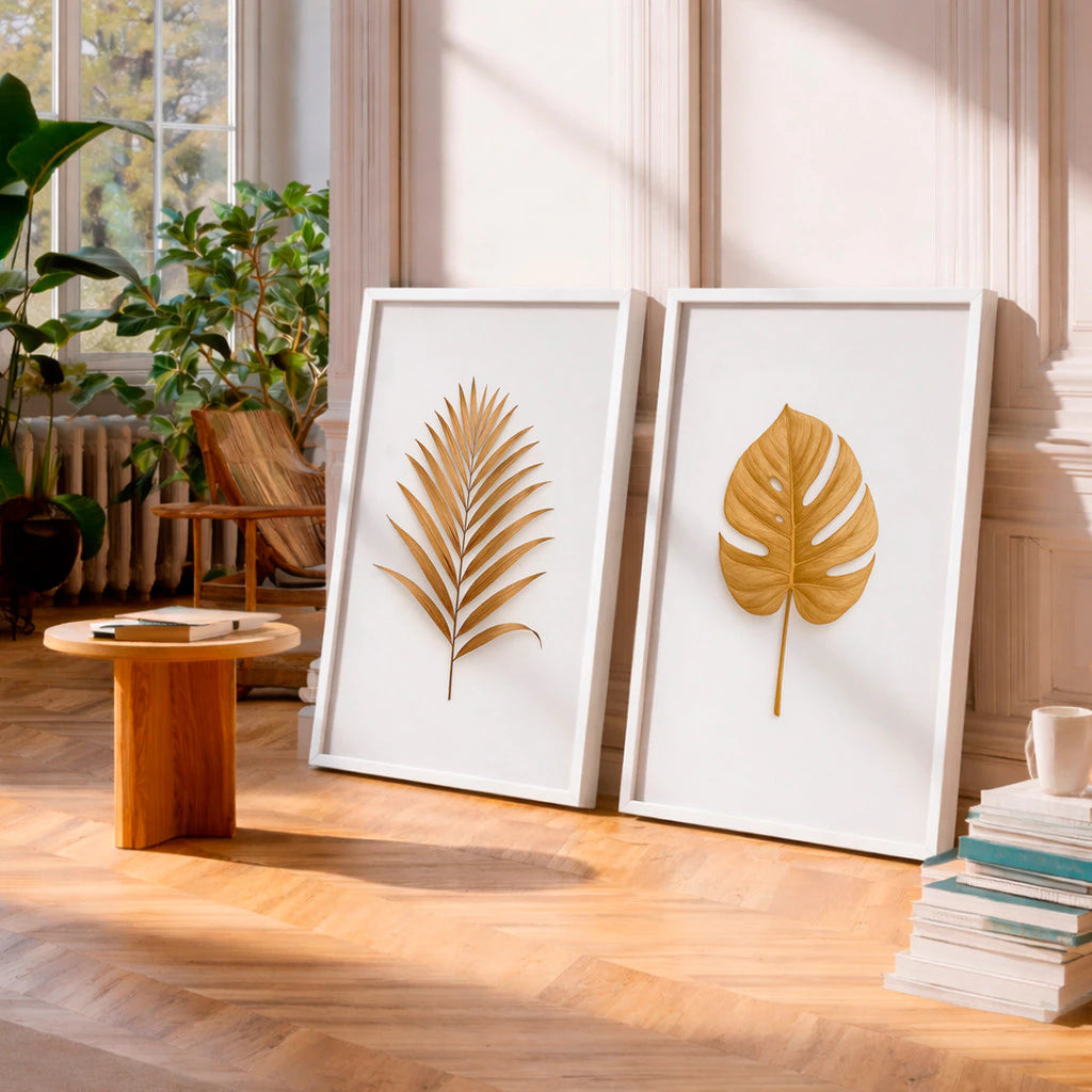 Kit 2 Quadros Decorativos com Moldura Folhas Douradas Minimalista Luxo NOXHome