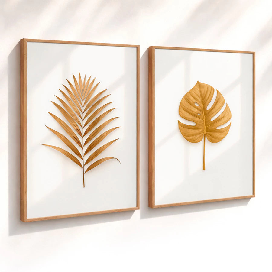 Kit 2 Quadros Decorativos com Moldura Folhas Douradas Minimalista Luxo NOXHome
