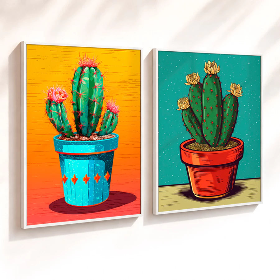 Kit 2 Quadros Decorativos com Moldura Cacto Colorido Arte Vibrante Criativo NOXHome