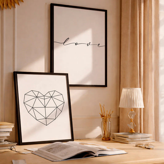 Kit 2 Quadros Decorativos com Moldura Coração Geométrico Love Minimalista NOXHome