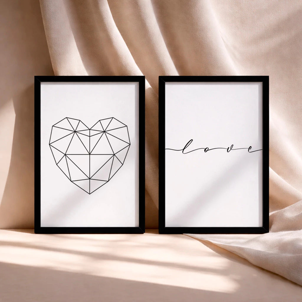 Kit 2 Quadros Decorativos com Moldura Coração Geométrico Love Minimalista NOXHome