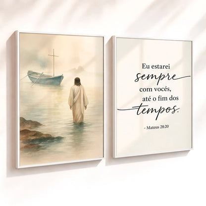Kit 2 Quadros Decorativos com Moldura Jesus Barco Versículo Bíblico Mateus Religioso Fé NOXHome