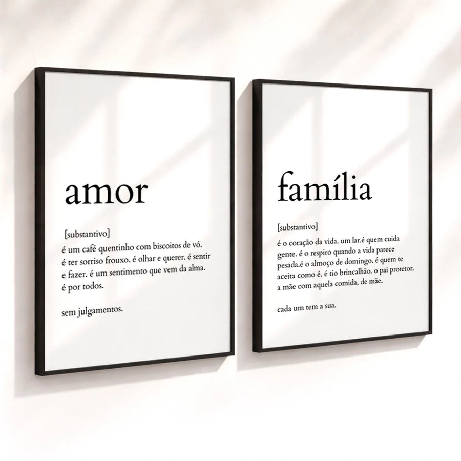 Kit 2 Quadros Decorativos com Moldura Frases Amor Família Minimalista NOXHome