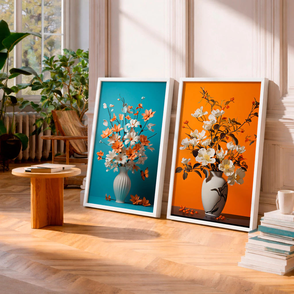 Kit 2 Quadros Decorativos com Moldura Vaso Flores Laranja Azul Moderno NOXHome