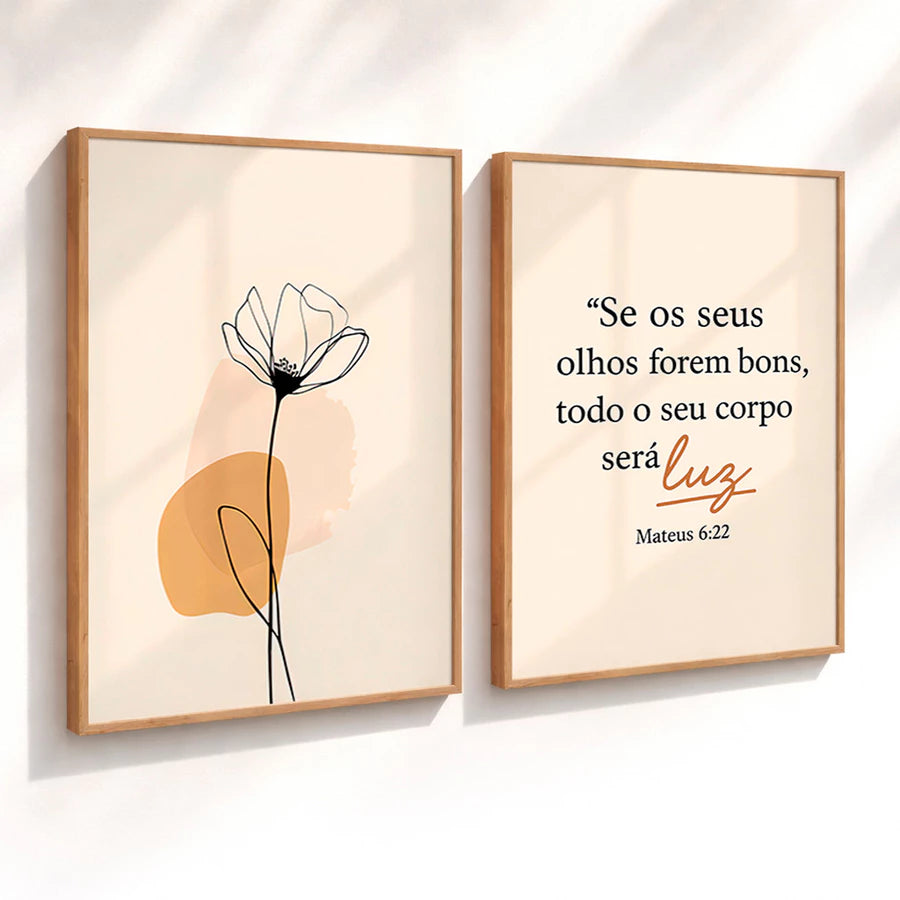 Kit 2 Quadros Decorativos com Moldura Flor Versículo Bíblico Mateus 6:22 Fé NOXHome