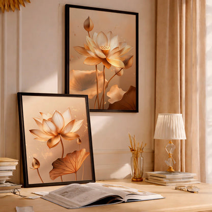 Kit 2 Quadros Decorativos com Moldura Flor de Lótus Dourada Arte Zen Elegante NOXHome