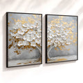 Kit 2 Quadros Decorativos com Moldura Árvore Flores Brancas Dourado Luxo NOXHome