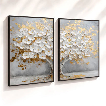 Kit 2 Quadros Decorativos com Moldura Árvore Flores Brancas Dourado Luxo NOXHome
