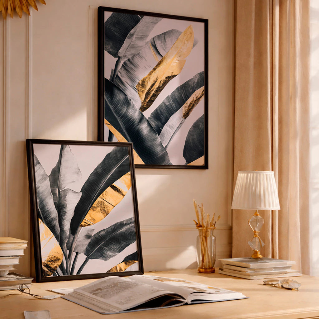 Kit 2 Quadros Decorativos com Moldura Folhas Tropicais Preto Dourado Luxo NOXHome