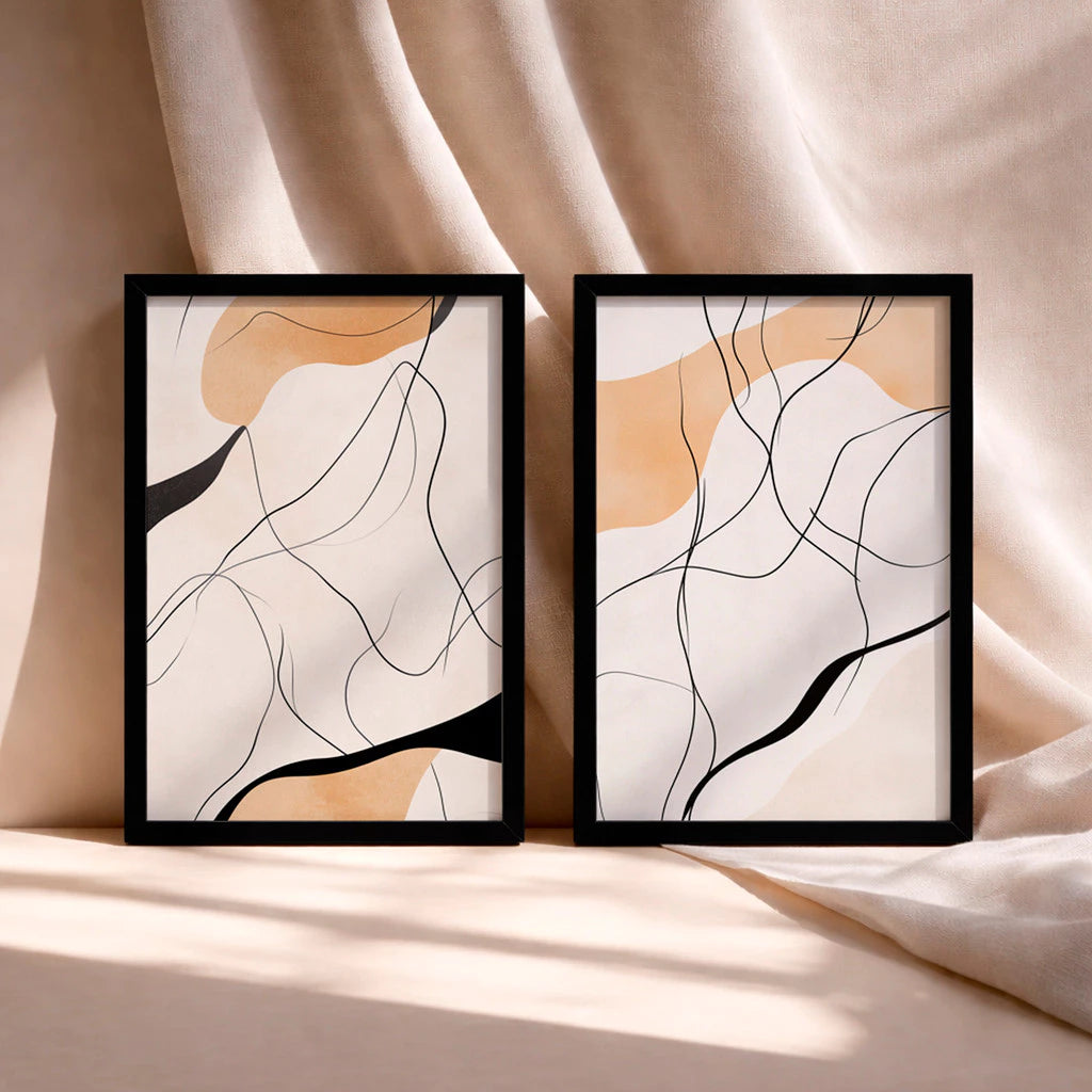 Kit 2 Quadros Decorativos com Moldura Linhas Abstratas Minimalista Bege NOXHome