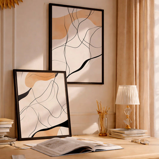 Kit 2 Quadros Decorativos com Moldura Linhas Abstratas Minimalista Bege NOXHome