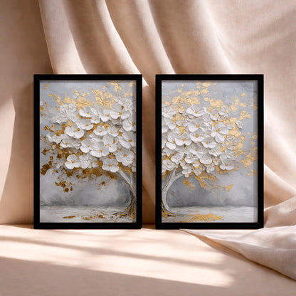 Kit 2 Quadros Decorativos com Moldura Árvore Flores Brancas Dourado Luxo NOXHome