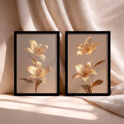Kit 2 Quadros Decorativos com Moldura Flores Douradas 3D Elegante Luxo Bege NOXHome