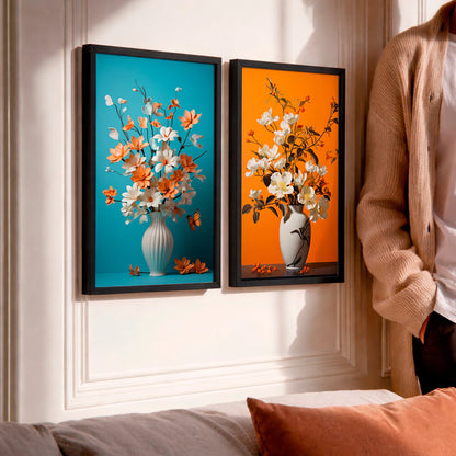 Kit 2 Quadros Decorativos com Moldura Vaso Flores Laranja Azul Moderno NOXHome
