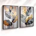 Kit 2 Quadros Decorativos com Moldura Folhas Cinza Dourado Tropical Moderno NOXHome