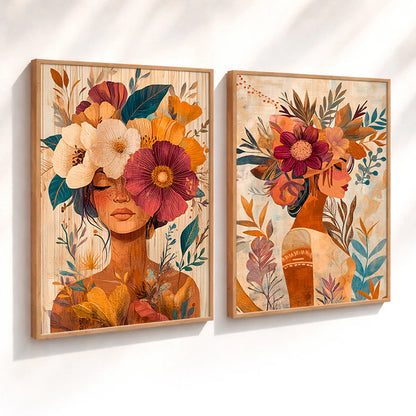 Kit 2 Quadros Decorativos com Moldura Mulher Flores Arte Boho Tons Terrosos NOXHome