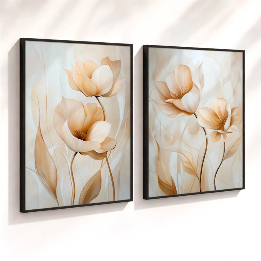 Kit 2 Quadros Decorativos com Moldura Flor de Lótus Bege Minimalista NOXHome