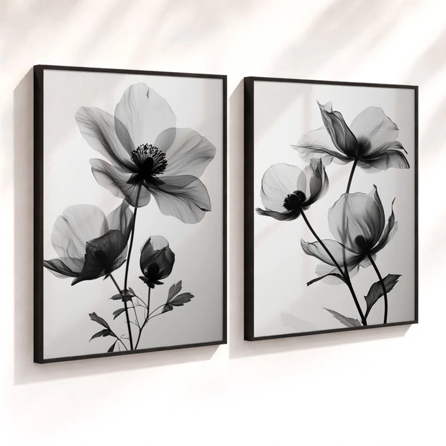 Kit 2 Quadros Decorativos com Moldura Flores Preto e Branco Floral Minimalista NOXHome