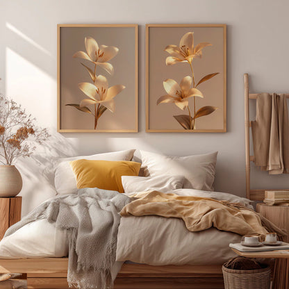 Kit 2 Quadros Decorativos com Moldura Flores Douradas 3D Elegante Luxo Bege NOXHome